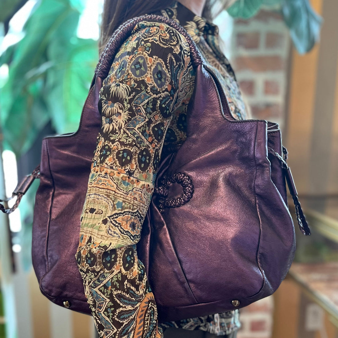 FERRAGAMO Metallic Purple Leather Woven Gancini Hobo Bag