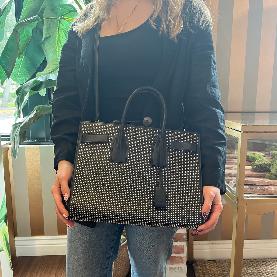 SAINT LAURENT Sac de Jour Small Black Studded Leather Tote Bag