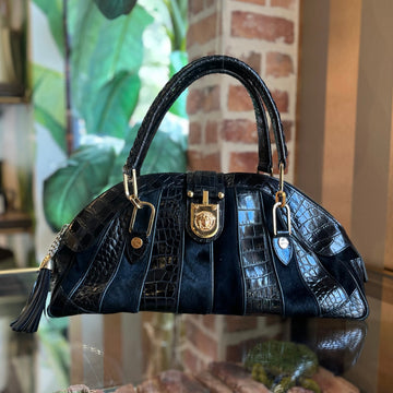 VERSACE Black Pony Hair Croc Embossed Suede Leather Dome Satchel
