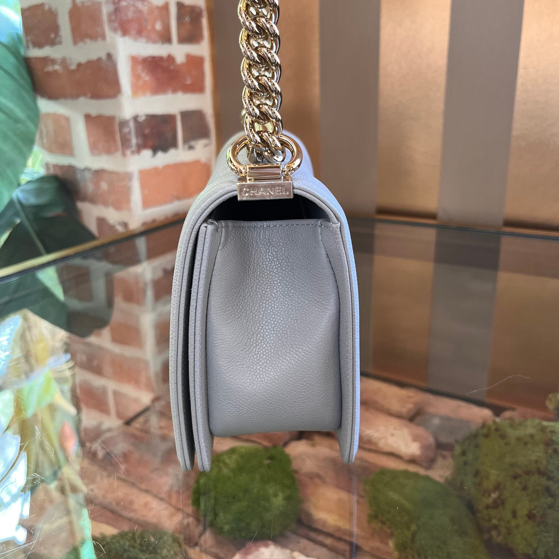 CHANEL Gray Caviar Leather Medium Boy Bag