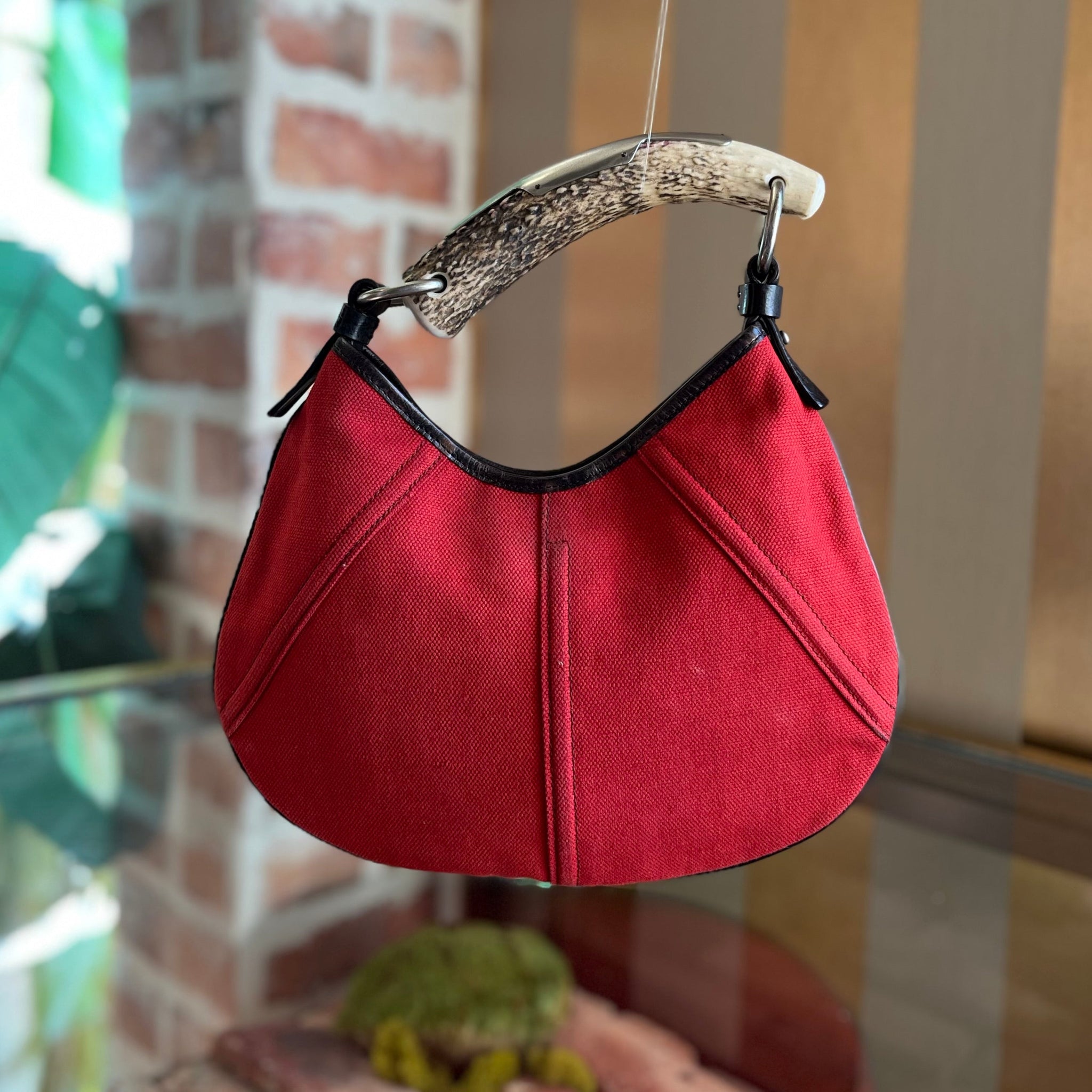 SAINT LAURENT Mombasa Red Canvas Horn Top Handle Bag