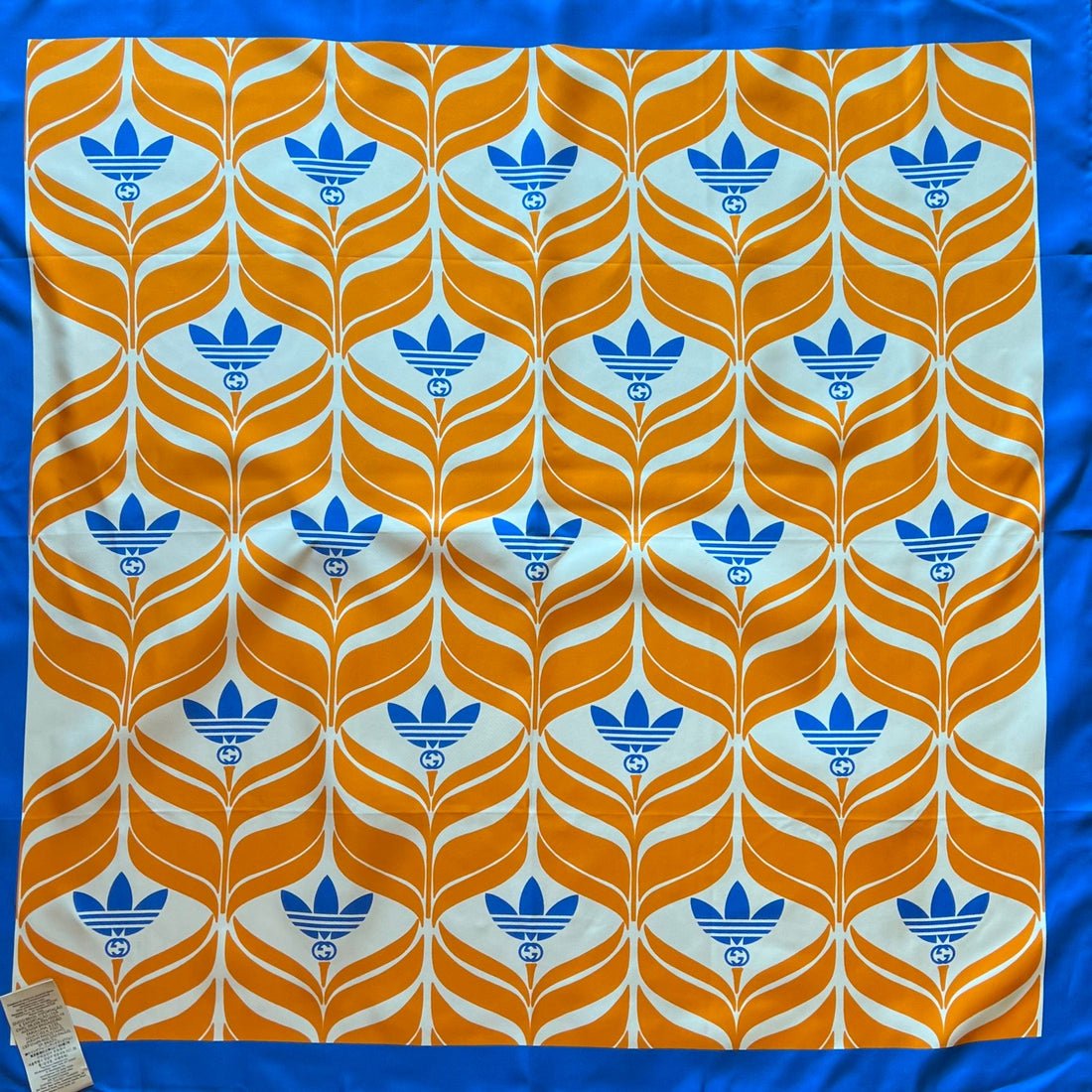 GUCCI x Adidas Orange Blue White Silk GG Monogram Trefoil Print Square Scarf
