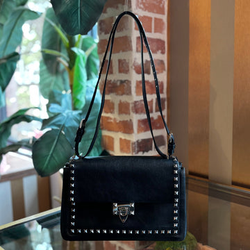 VALENTINO Black Vitello Rockstud Flap Shoulder Bag