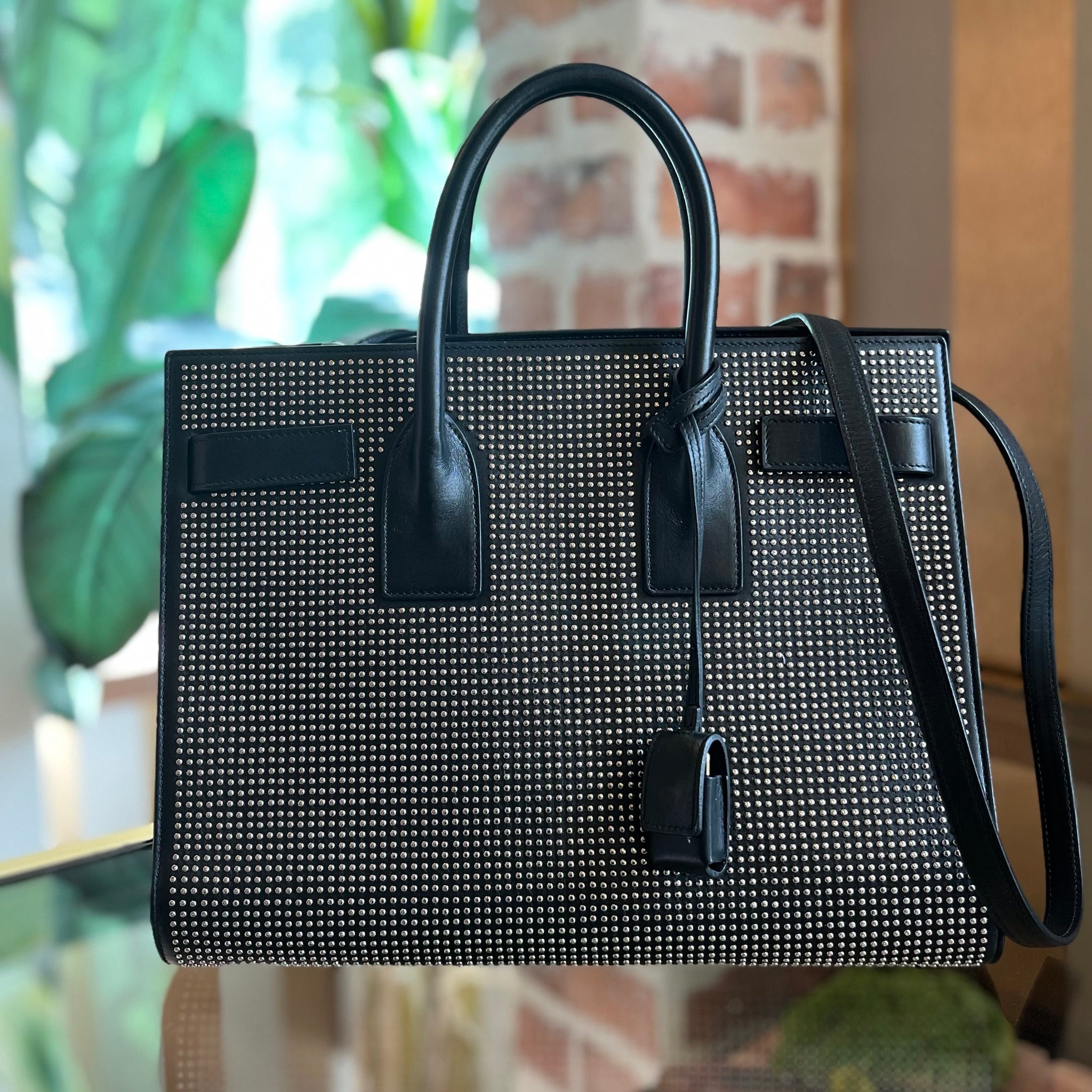 SAINT LAURENT Sac de Jour Small Black Studded Leather Tote Bag