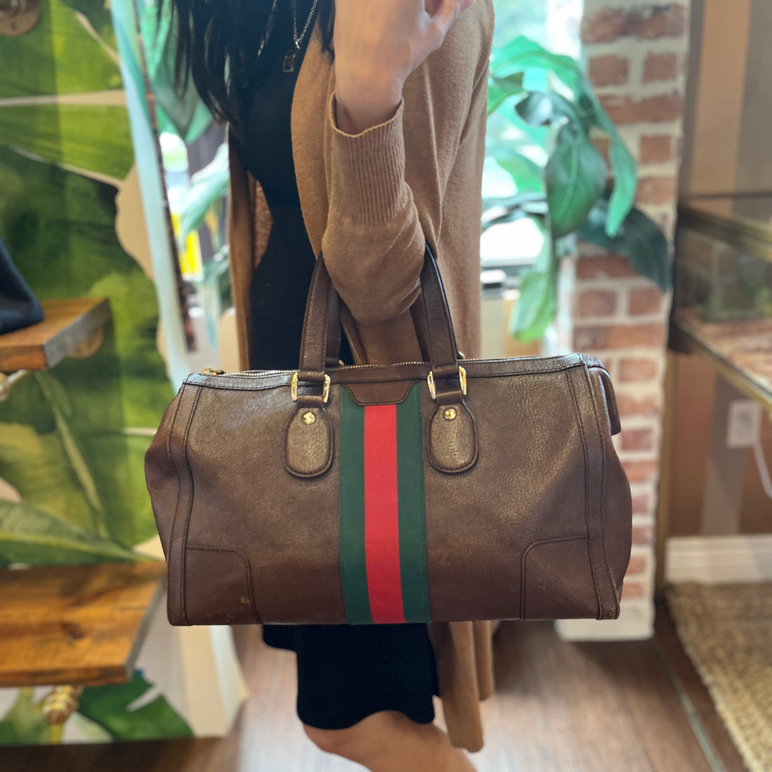 GUCCI Signature Web Seventies Medium Brown Leather Satchel Bag