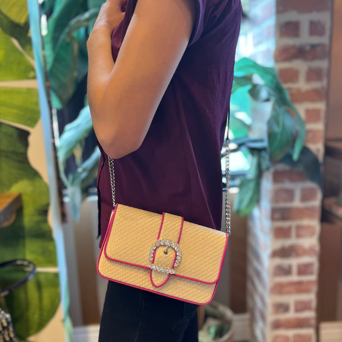 JIMMY CHOO Raffia Leather Trim Crossbody Bag