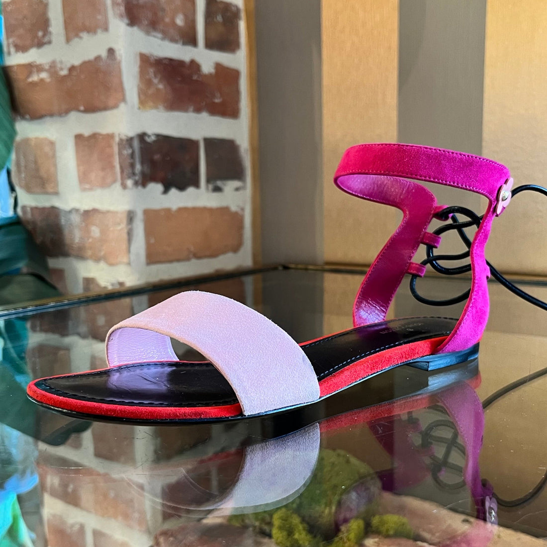 LOUIS VUITTON Pink Red Suede Rita Flat Sandals SZ 36.5 (6.5 US)