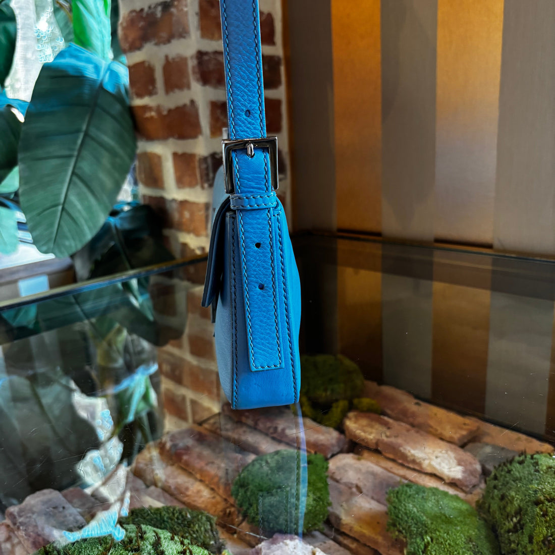 FENDI Vitello Enamel Azzurro Nebula Baguette Shoulder Bag