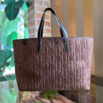 CAROLINA HERRERA Shopper Brown Monogram Leather Tote