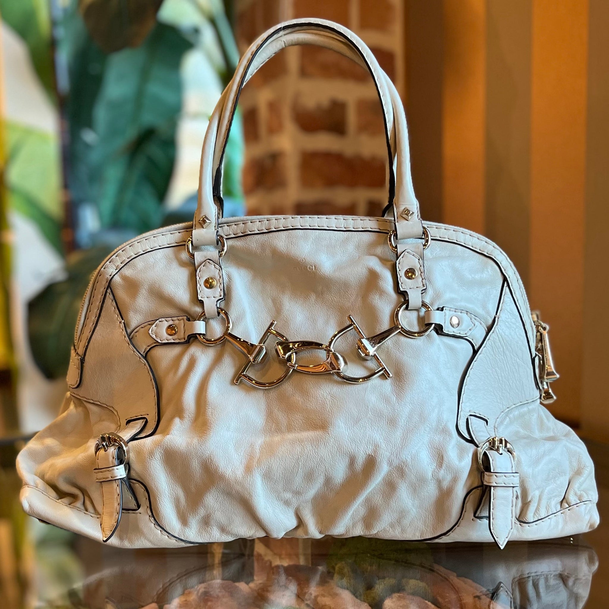 GUCCI Ivory Horsebit Nail Shoulder Bag