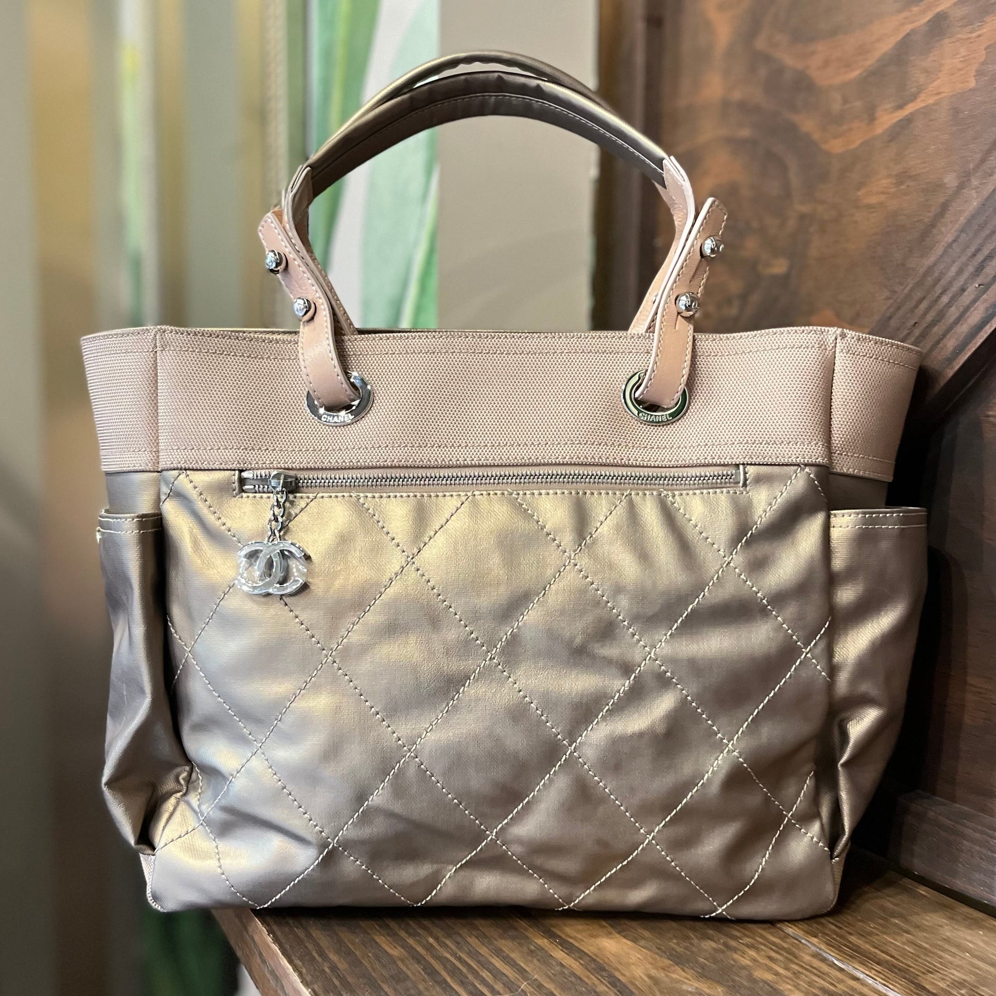 CHANEL Paris Biarritz Large Metallic Gold Coated Canvas Tote Bag ADI11203