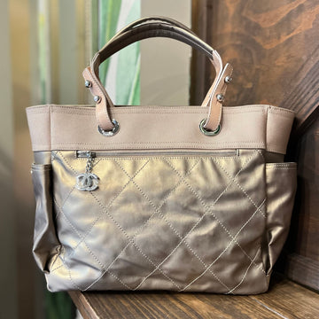 CHANEL Paris Biarritz Large Metallic Gold Coated Canvas Tote Bag ADI11203