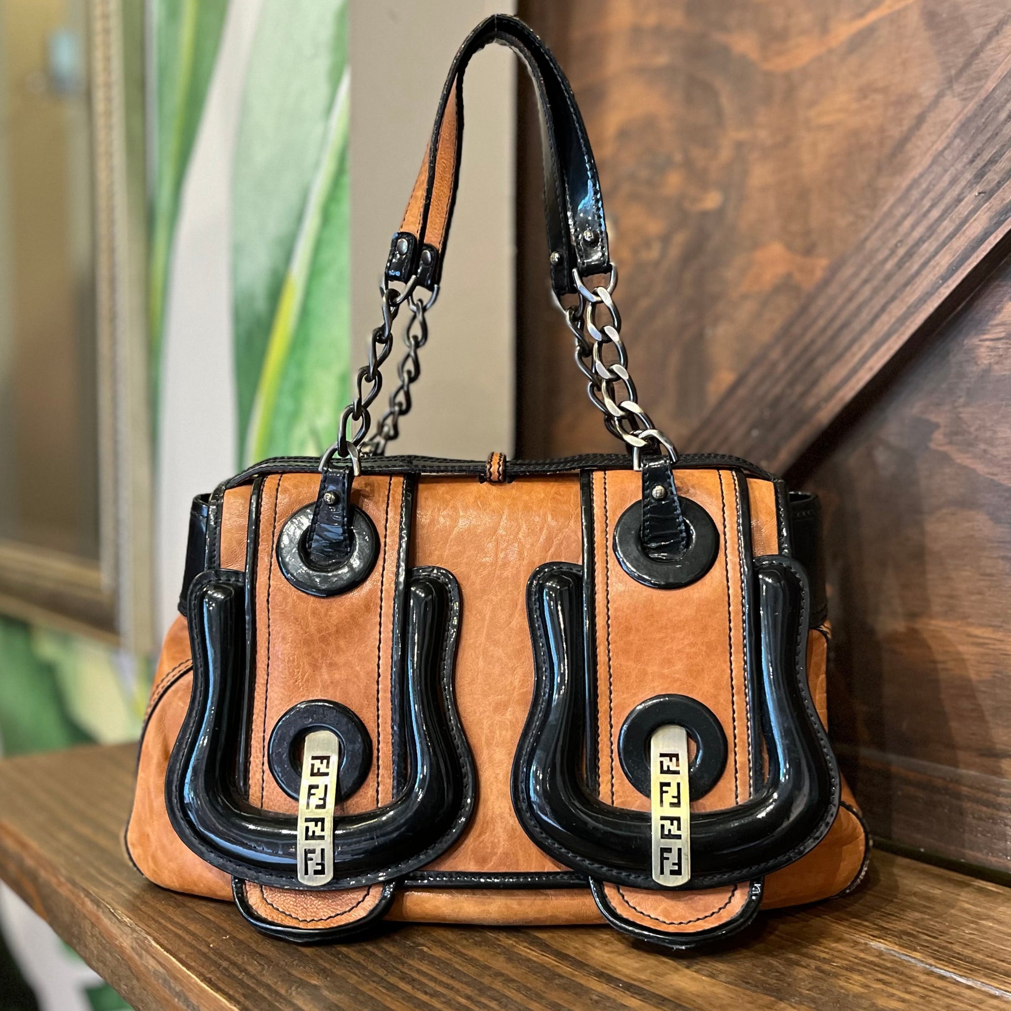 FENDI B Bag Osso Tan Nappa Patent Shoulder Bag