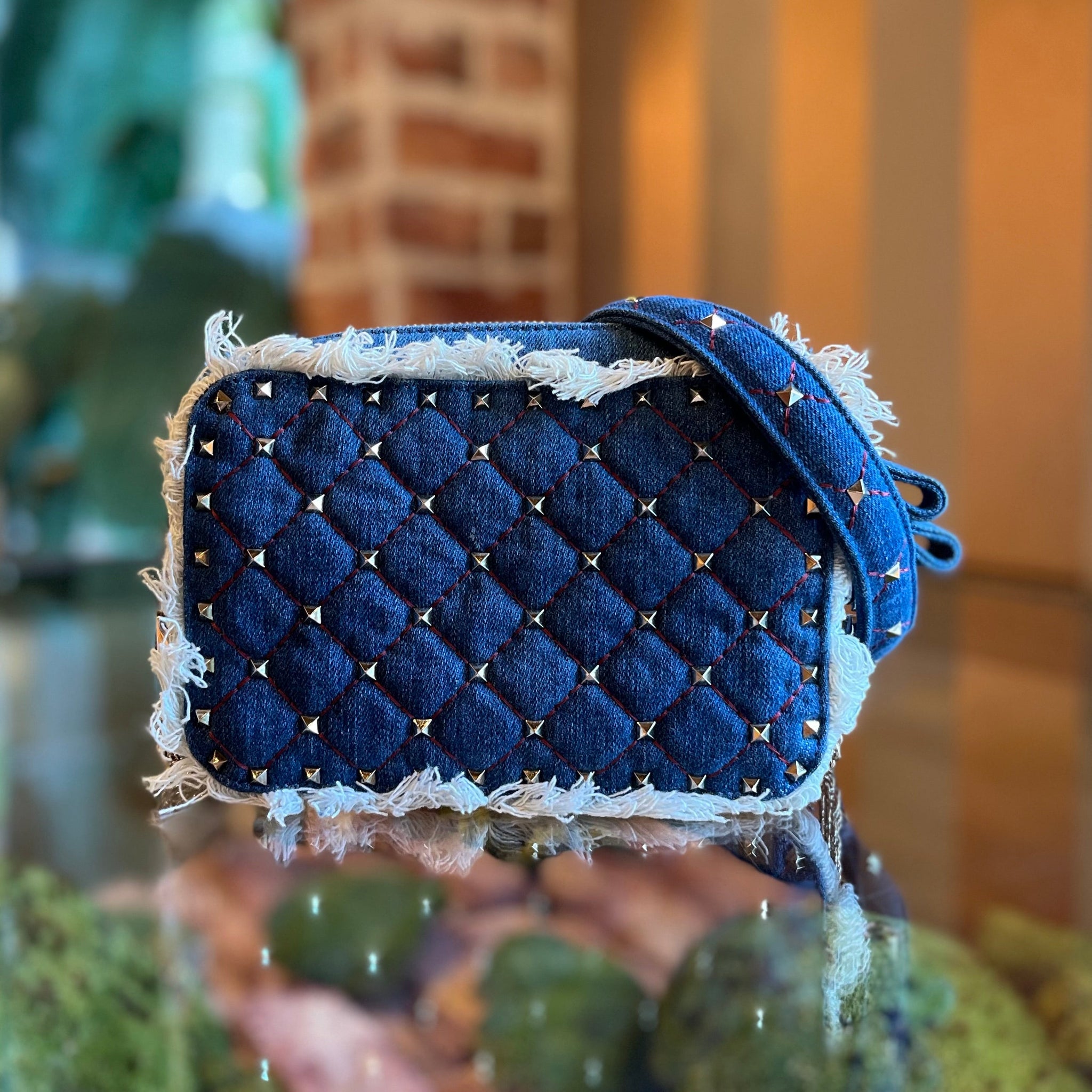 VALENTINO Rockstud Spike Crossbody Blue Denim Fringe Crossbody Bag