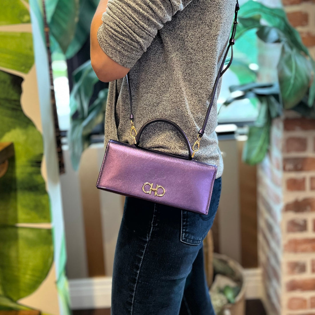 FERRAGAMO Purple Top Handle Wallet On Chain