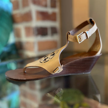 TORY BURCH Tan Leather Zoey Ankle Wedges SZ 38 (8 US)