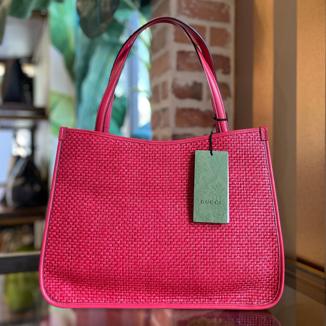 GUCCI 1955 Horsebit 19 Medium Straw Tote Bag