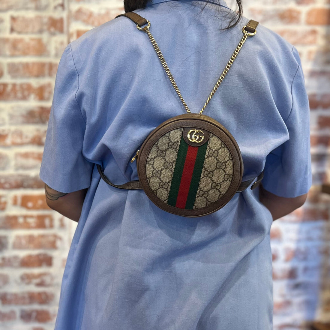 GUCCI Ophidia Round Mini GG Supreme Monogram Web Backpack