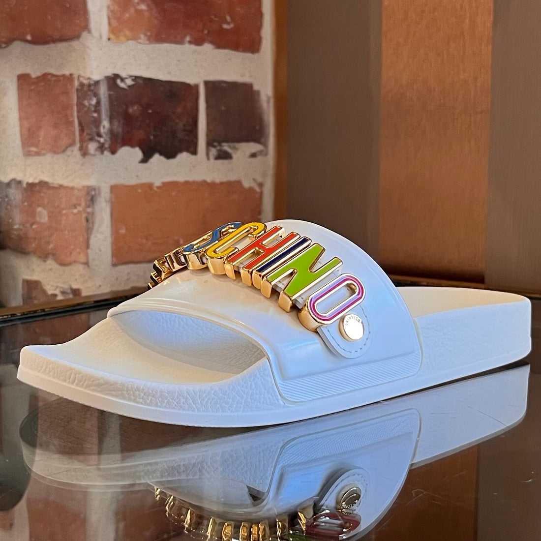 MOSCHINO White Multicolor Rubber Slides SZ 39 (9 US)