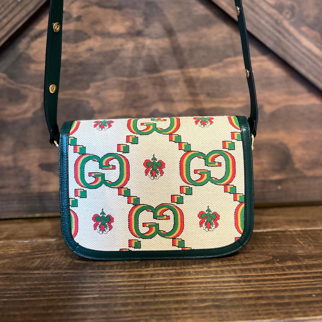 GUCCI 1955 Horsebit Small Green Ivory 100th Anniversary Cotton GG Floral Monogram Canvas Crossbody Bag