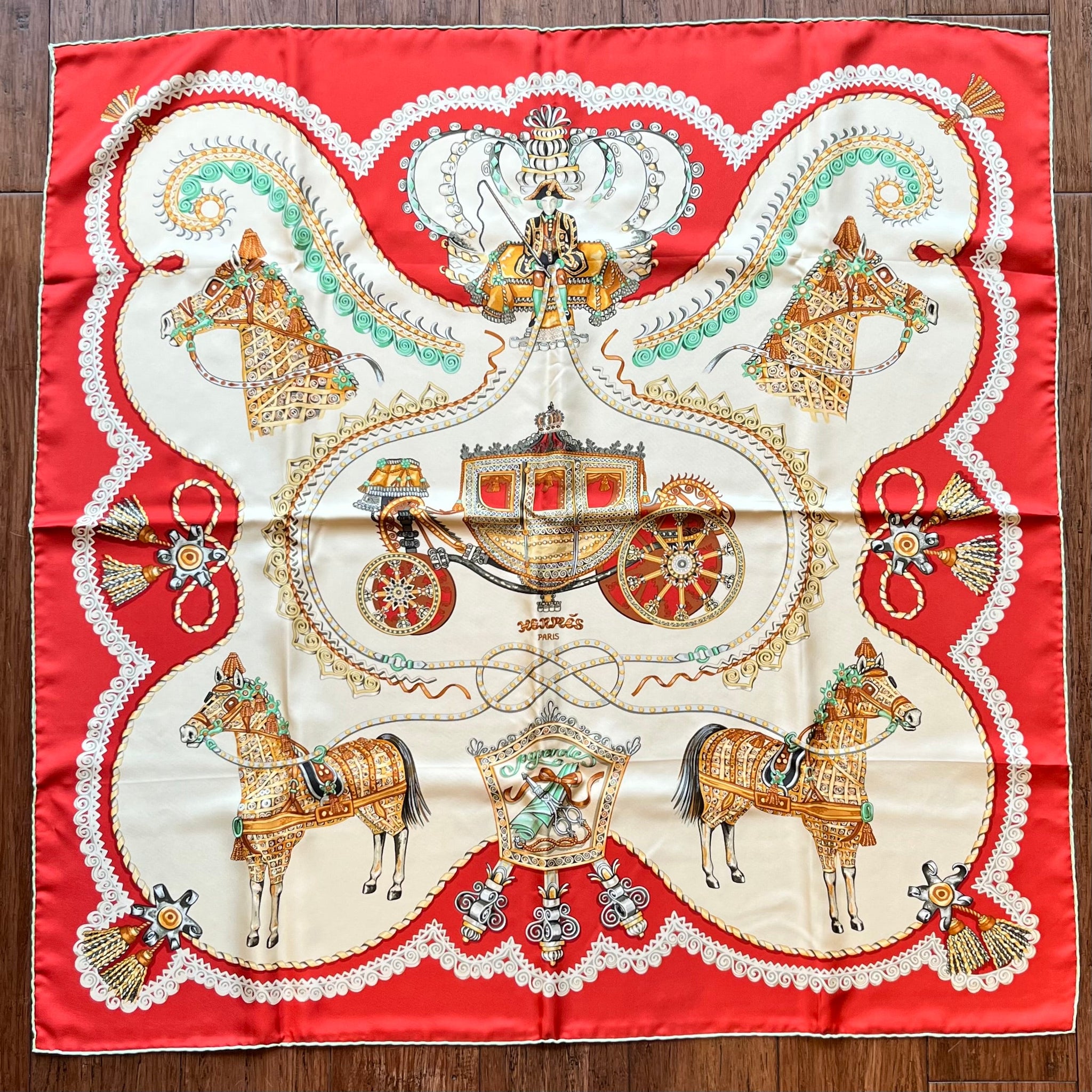 HERMES Paperoles Red Silk Scarf 90