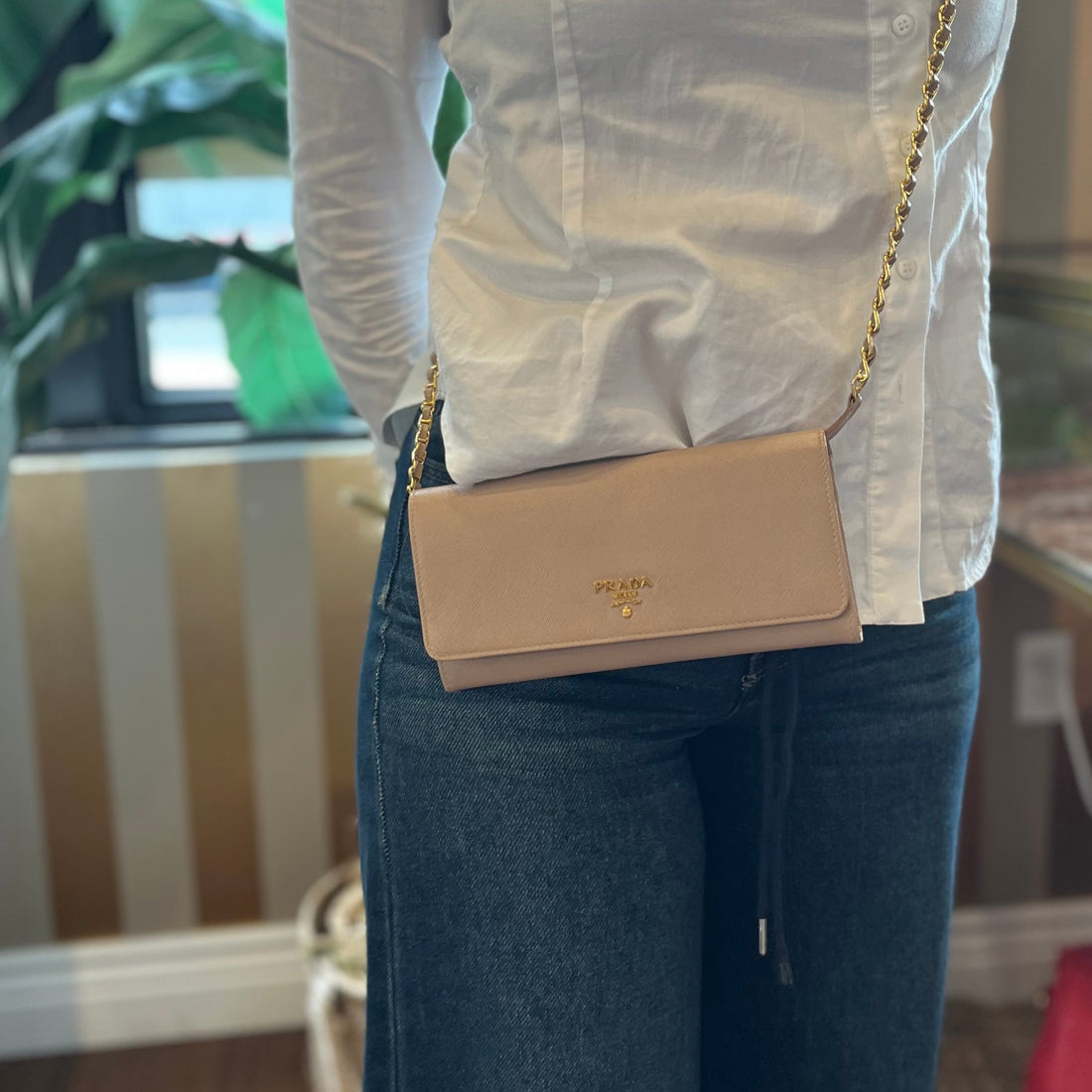 PRADA Wallet on Chain Powder Pink Saffiano Leather Crossbody Bag