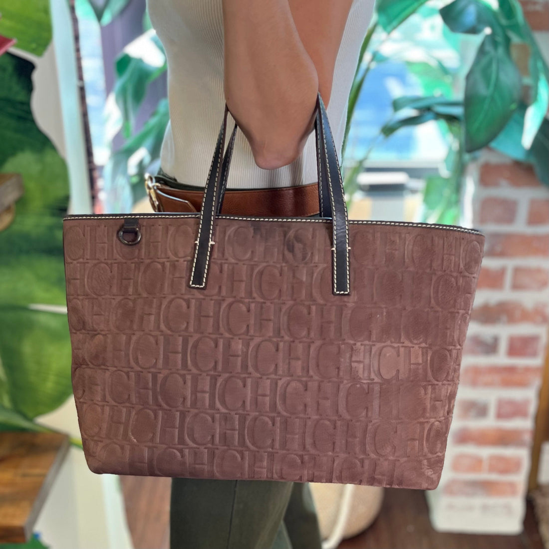 CAROLINA HERRERA Shopper Brown Monogram Leather Tote