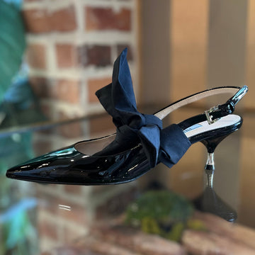 PRADA Black Patent Leather Pointed Toe Sling Backs w/bow SZ 36.5 (6.5 US)