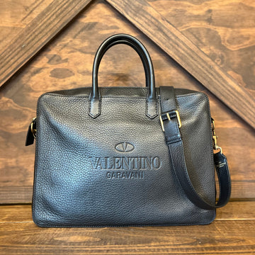 VALENTINO Logo Black Pebbled Leather Briefcase