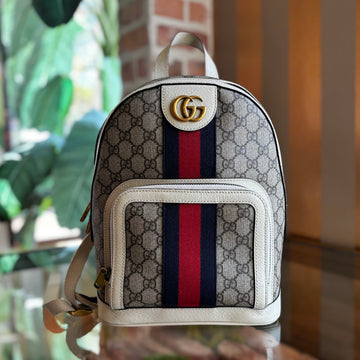 GUCCI Ophidia Small Beige GG Web Canvas Stripe Backpack