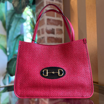 GUCCI 1955 Horsebit 19 Medium Straw Tote Bag