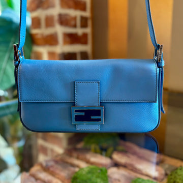 FENDI Vitello Enamel Azzurro Nebula Baguette Shoulder Bag