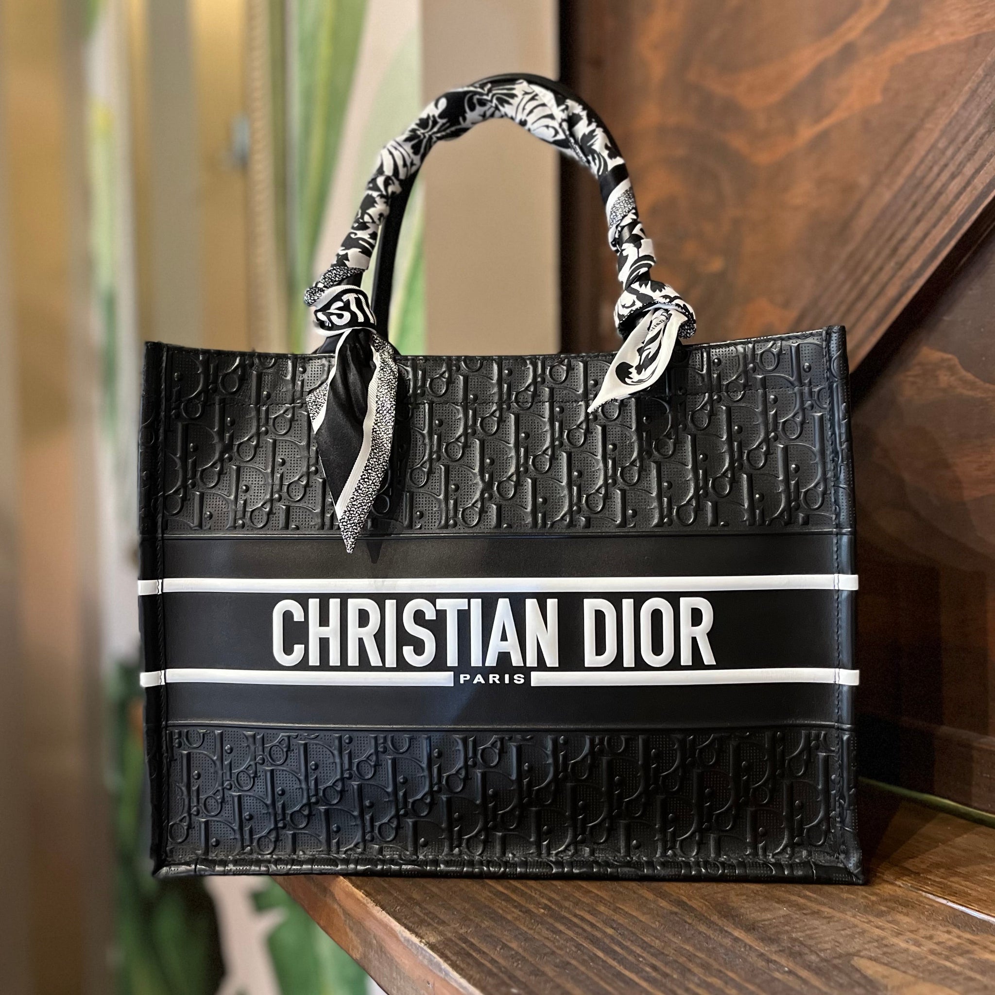 CHRSITIAN DIOR Black Embossed Logo Calfskin  Medium Book Tote