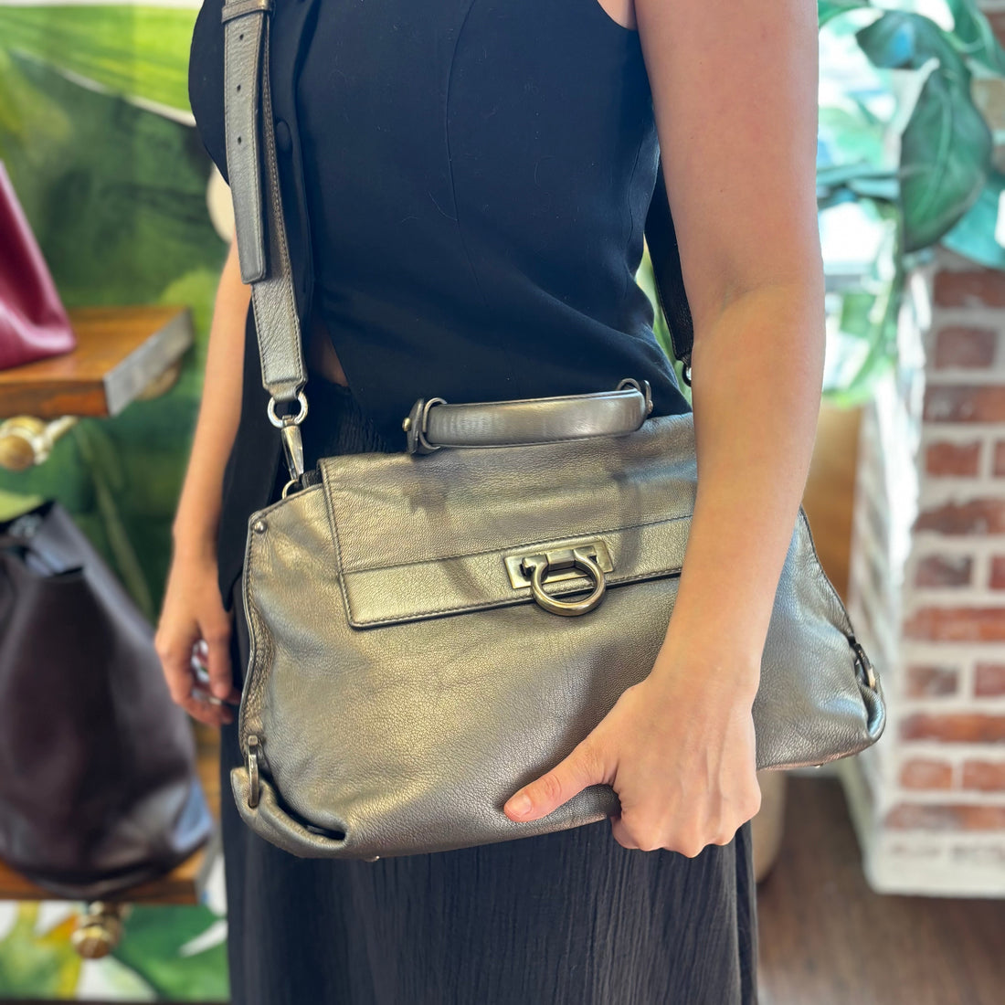 SALVATORE FERRAGAMO Metallic Leather Top Handle Bag