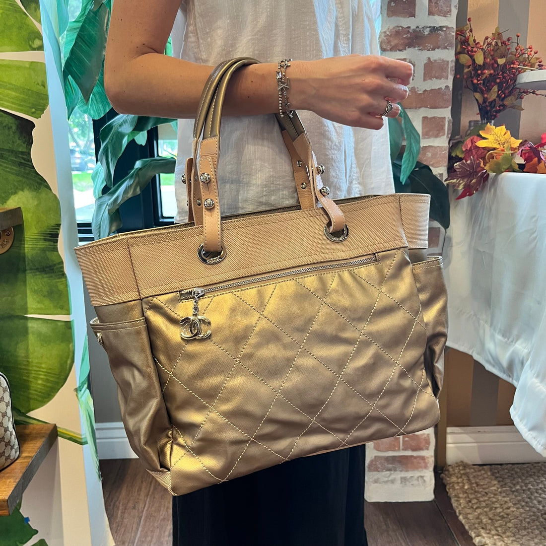 CHANEL Paris Biarritz Large Metallic Gold Coated Canvas Tote Bag ADI11203