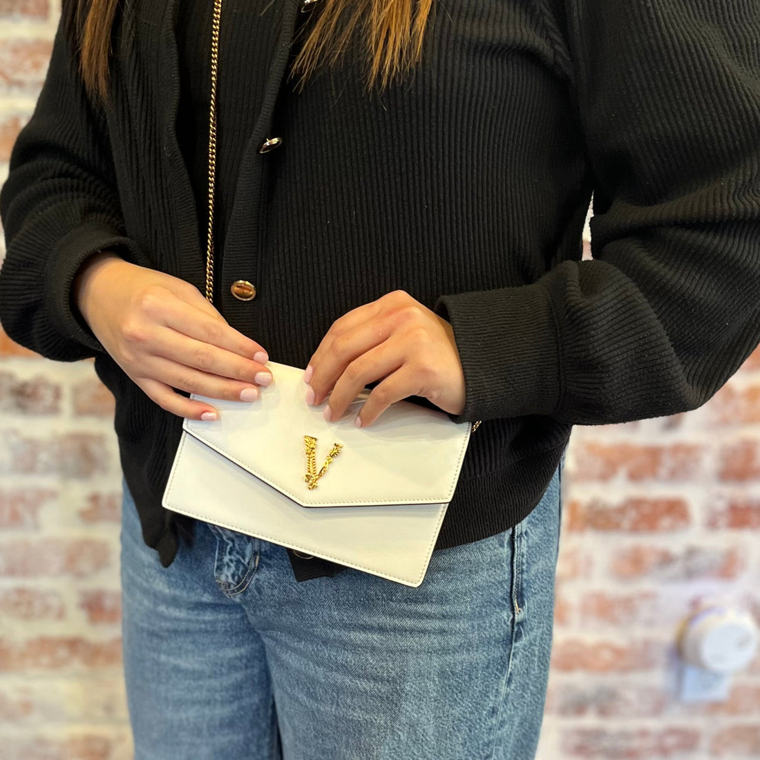 VERSACE Virtus Chain White Leather Shoulder Bag