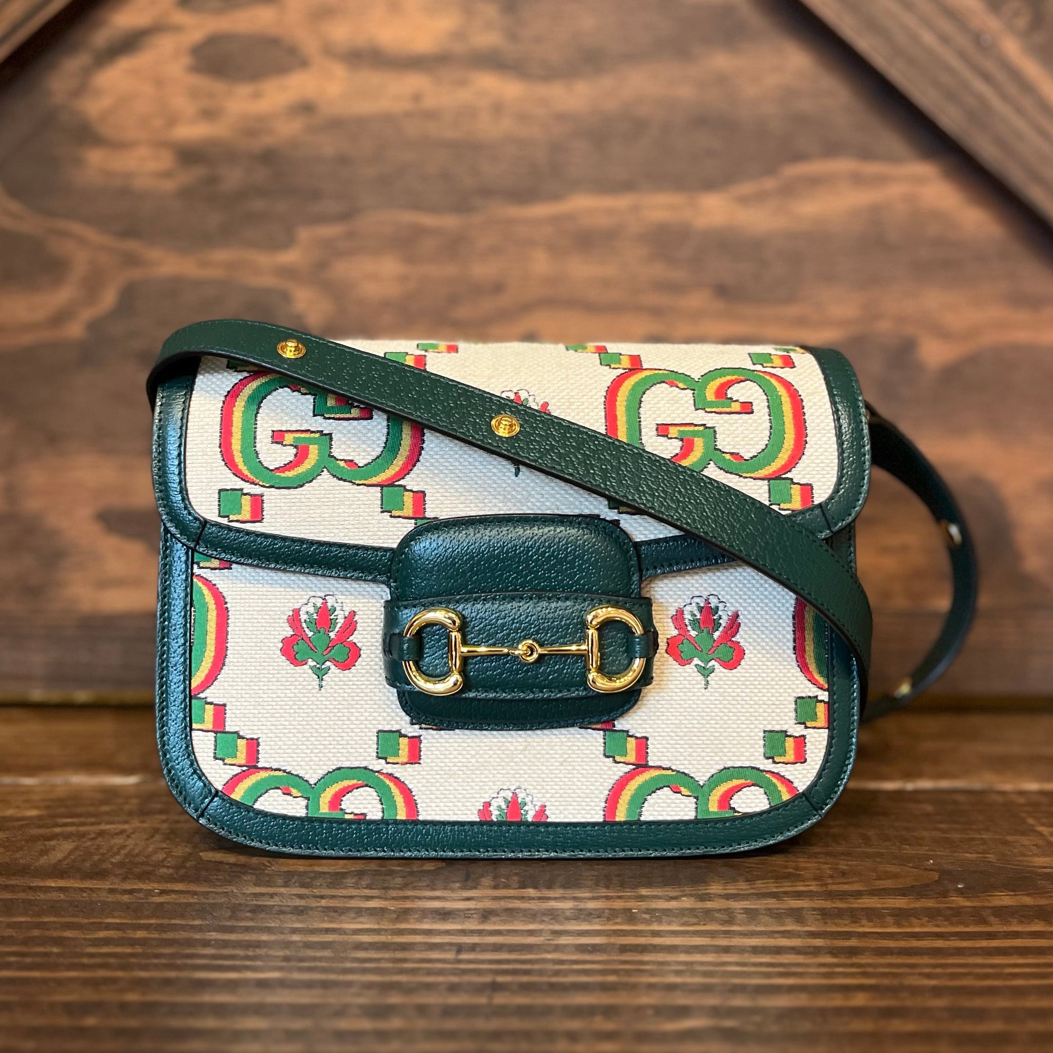 GUCCI 1955 Horsebit Small Green Ivory 100th Anniversary Cotton GG Floral Monogram Canvas Crossbody Bag