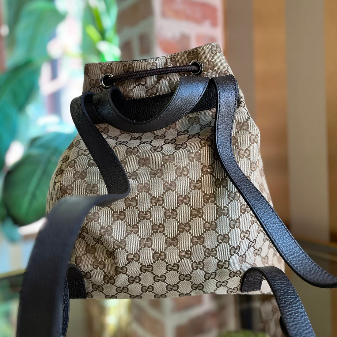 GUCCI GG Monogram Canvas Dollar Calfskin O Drawstring Backpack