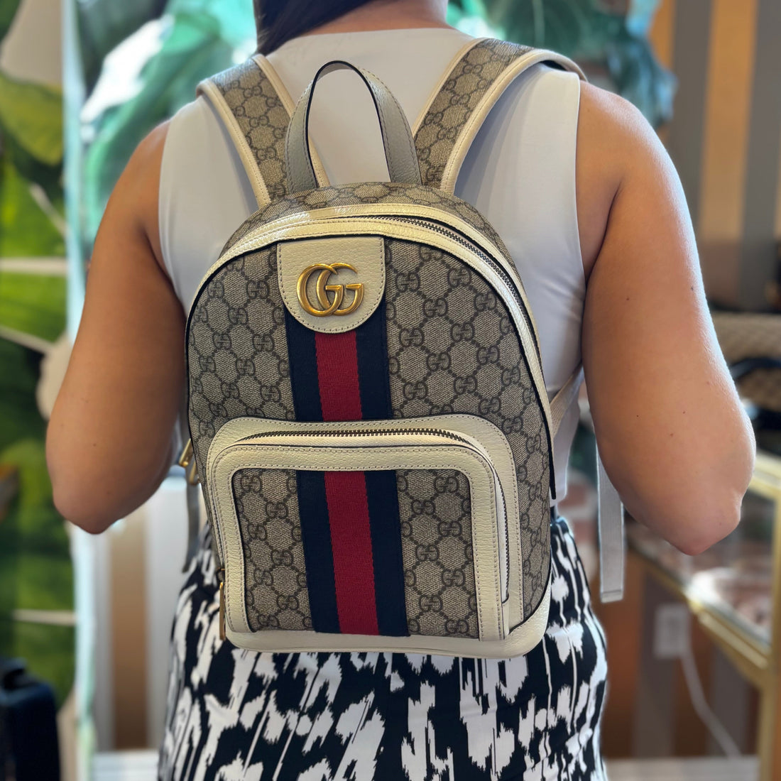 GUCCI Ophidia Small Beige GG Web Canvas Stripe Backpack