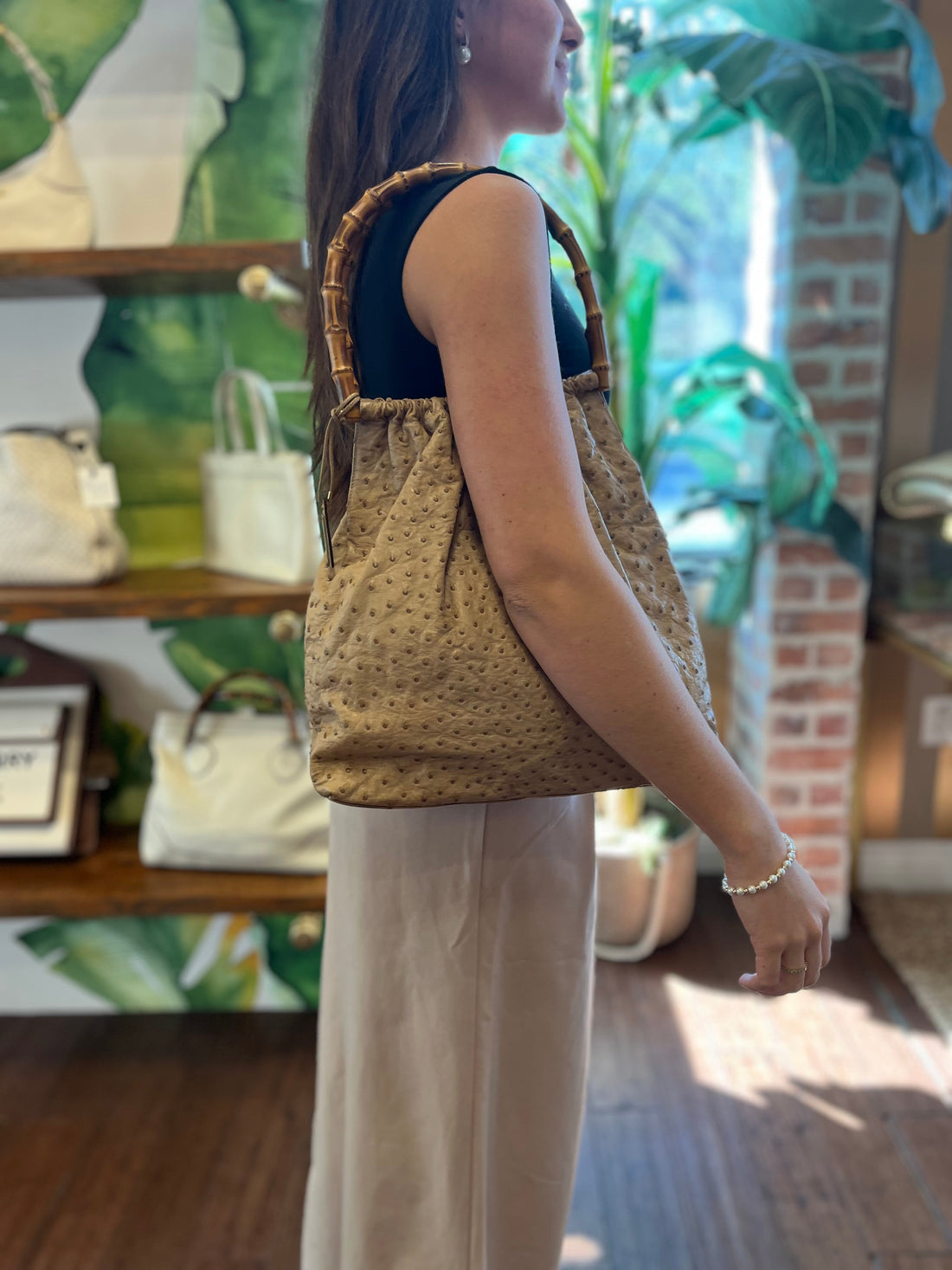 GUCCI Bamboo Ostrich Vintage Shoulder Bag