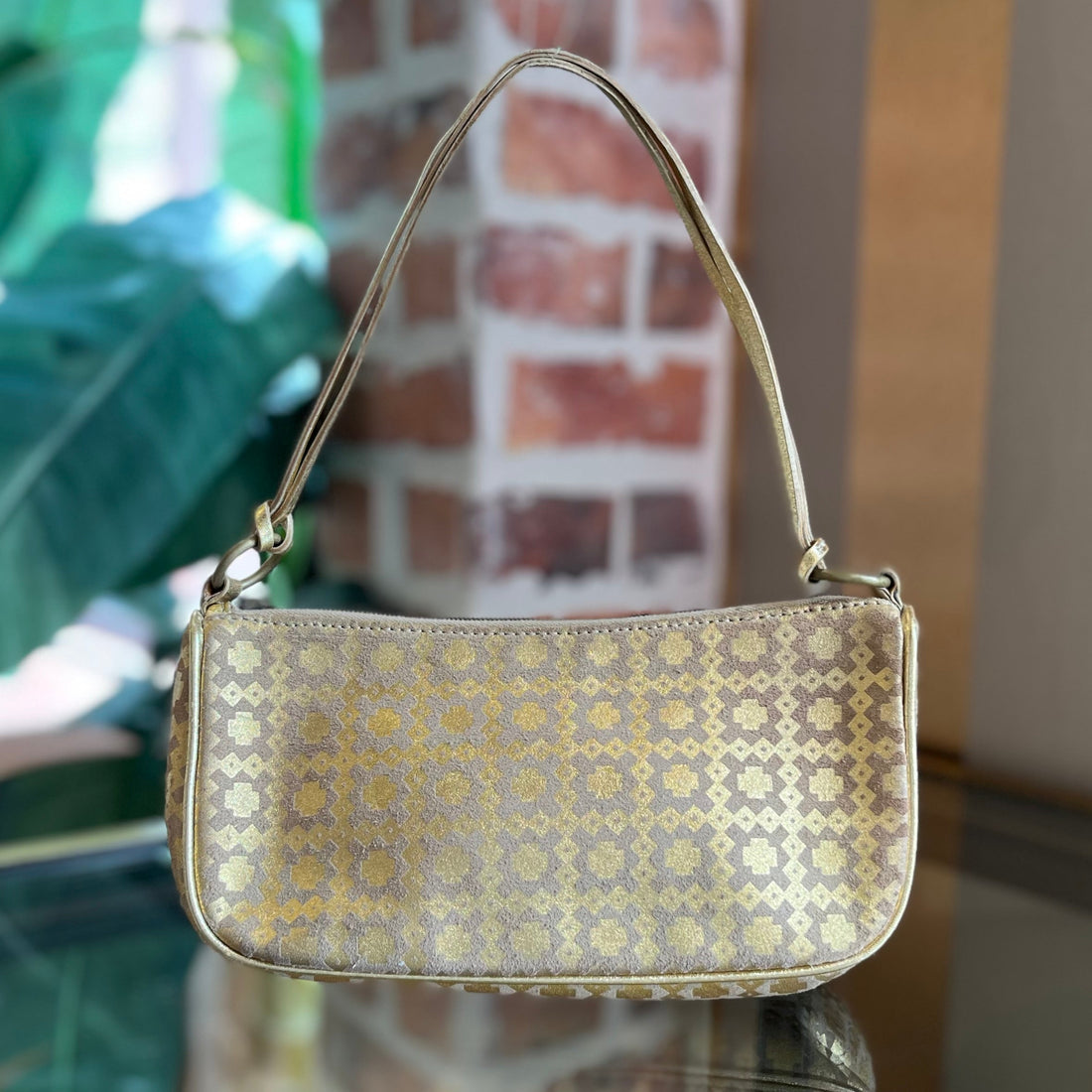 CELINE Metallic Gold Suede Leather Vintage Shoulder Bag