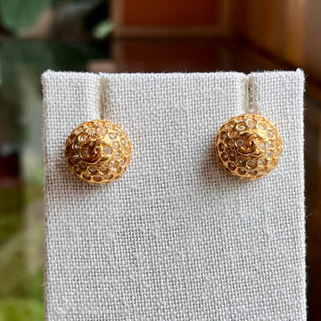 CHANEL CC Clip On Round Gold-Plated Crystal Vintage Earrings