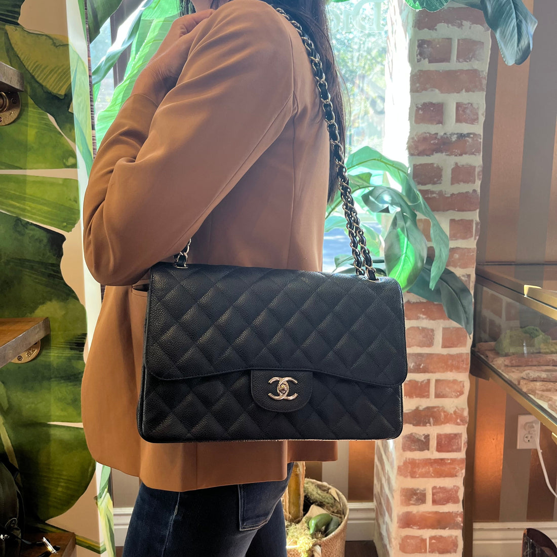 CHANEL Double Flap Jumbo Black Caviar Leather Shoulder Bag