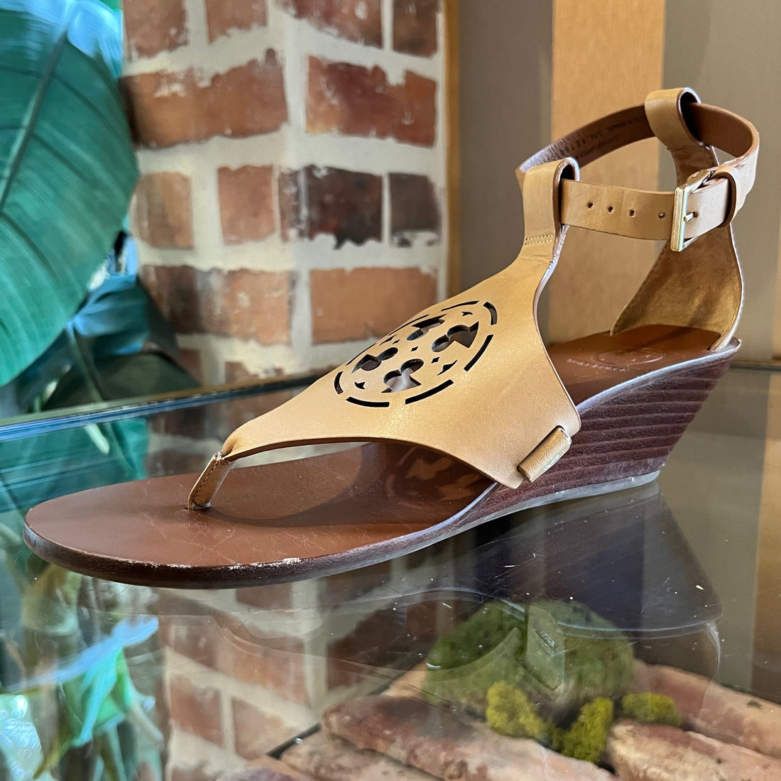 TORY BURCH Tan Leather Zoey Ankle Wedges SZ 38 (8 US)