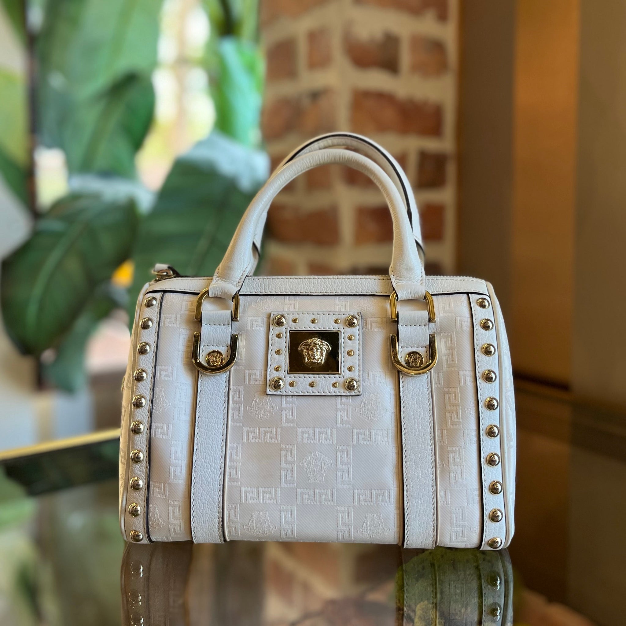 VERSACE Boston White Logo Jacquard Canvas Studded Satchel Bag