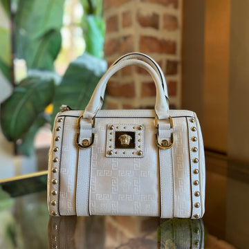 VERSACE Boston White Logo Jacquard Canvas Studded Satchel Bag