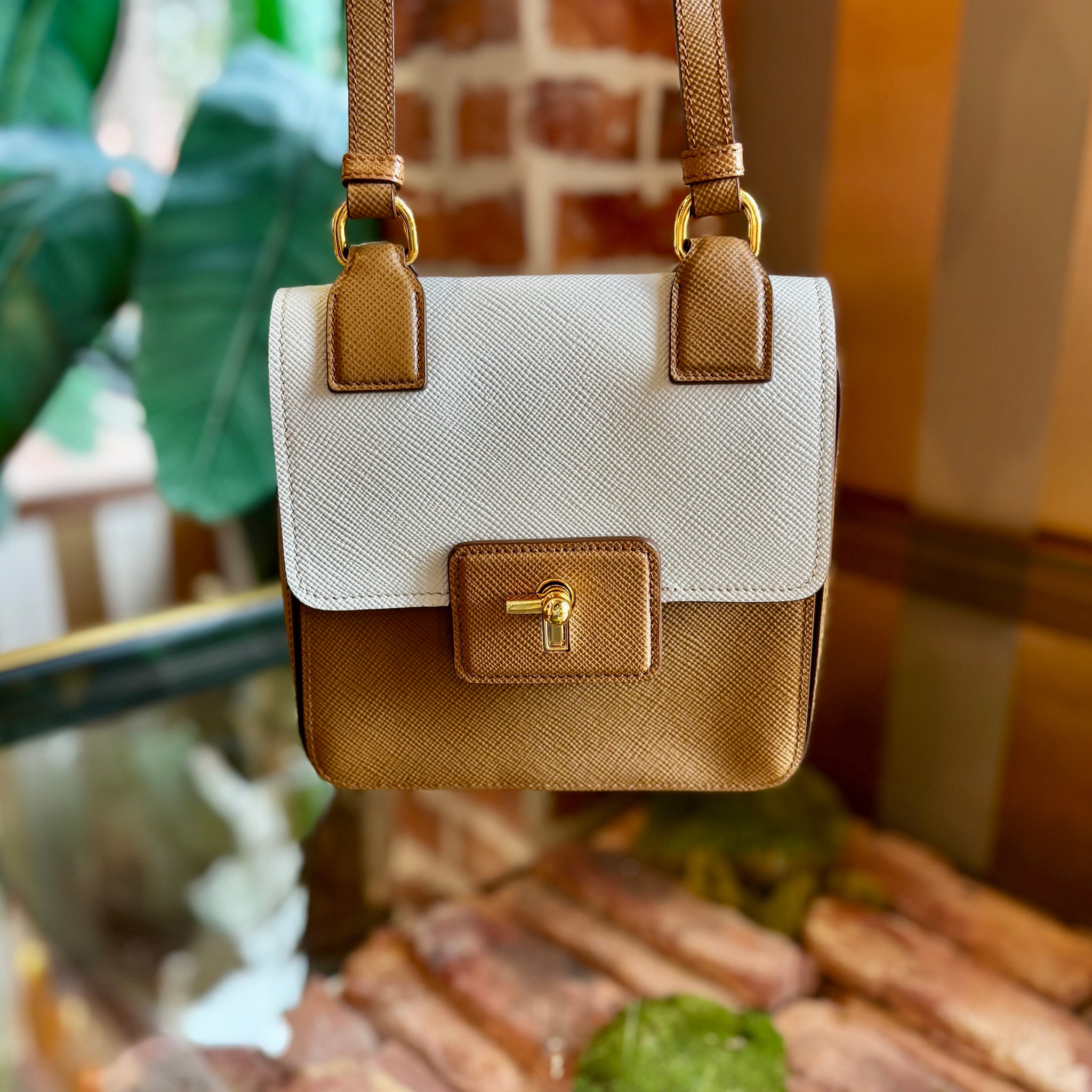 PRADA Saffiano Pattina Caramel Talco Crossbody