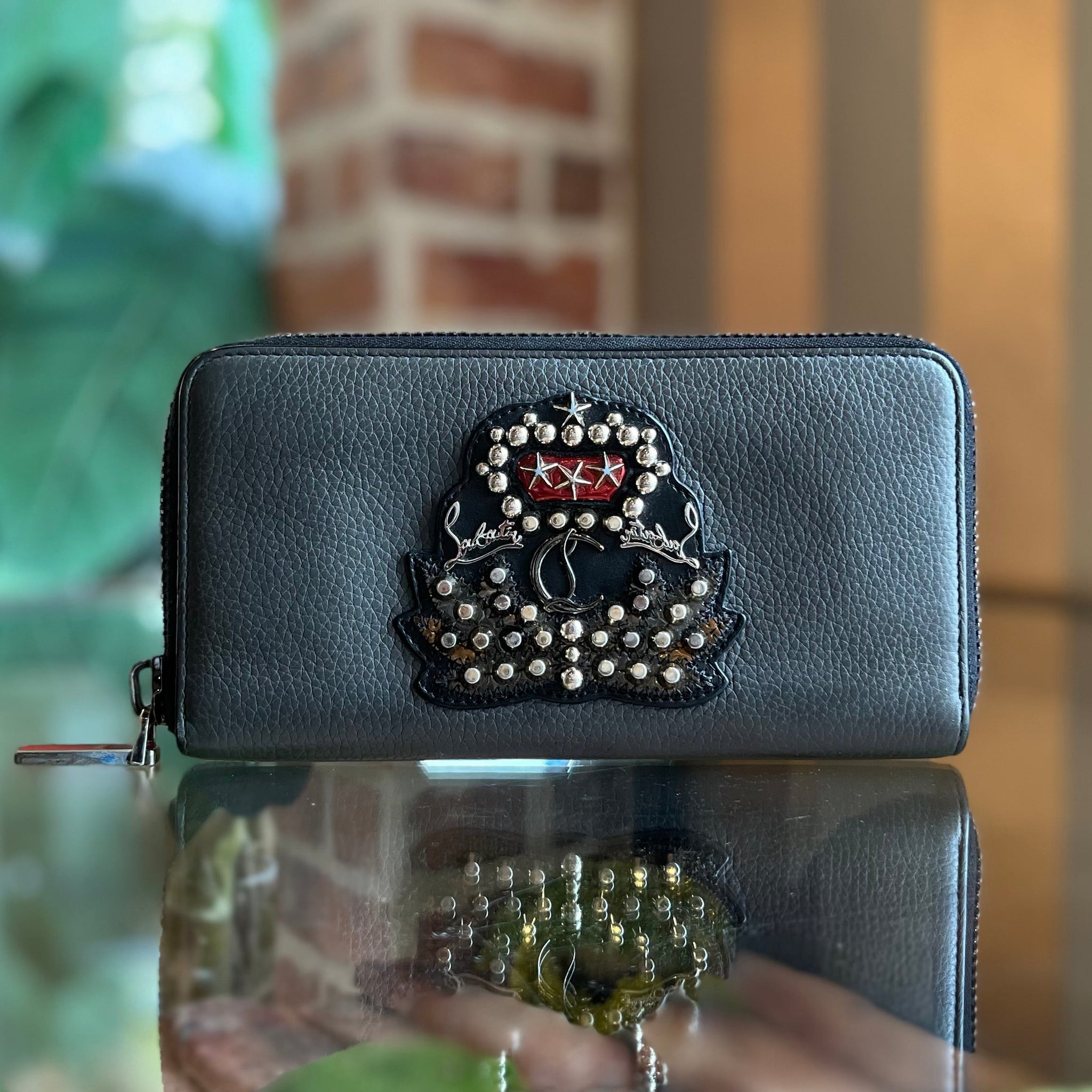 CHRISTIAN LOUBOUTIN Zip Around Gray Leather Studded Long Wallet