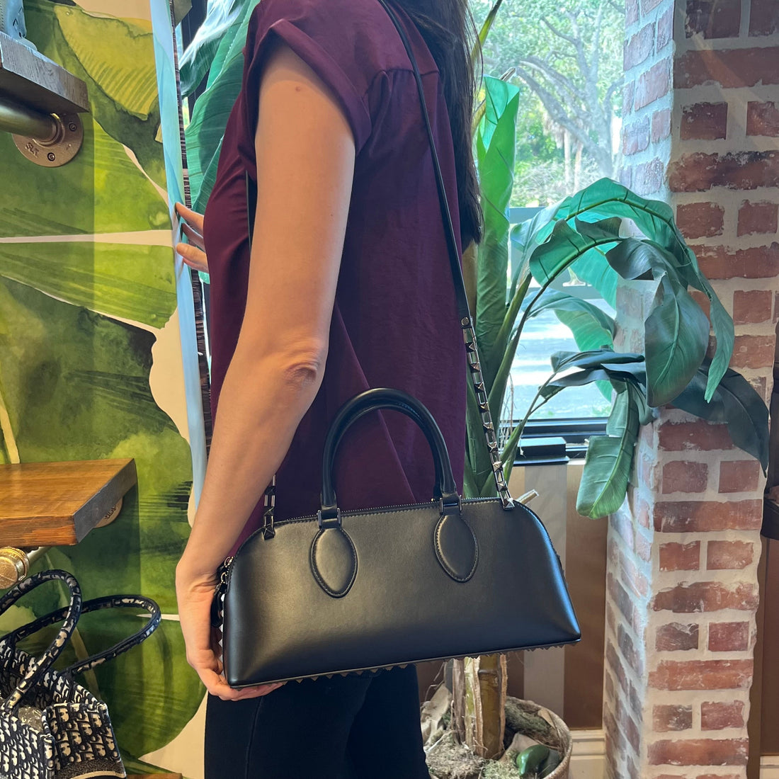 VALENTINO Black Leather Rockstud East/West Satchel