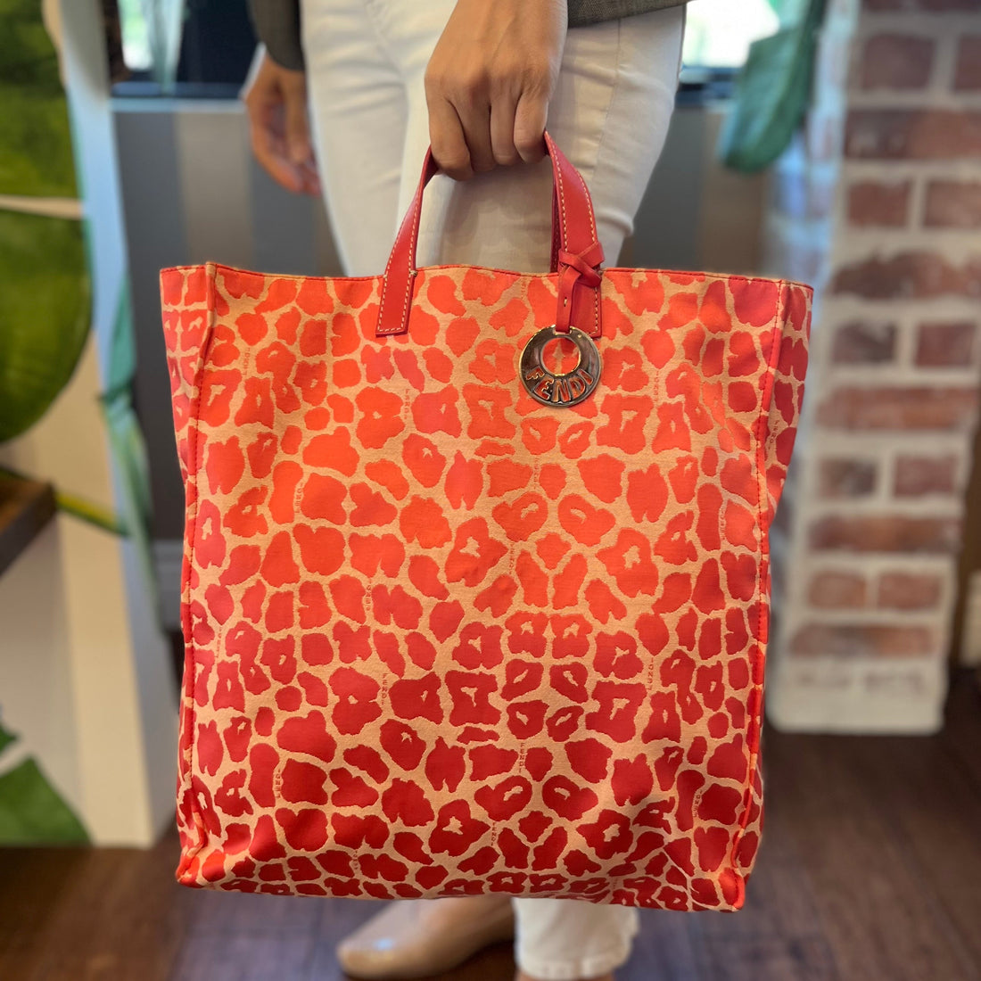 FENDI Shopper Pink Cheetah Print Canvas Tote